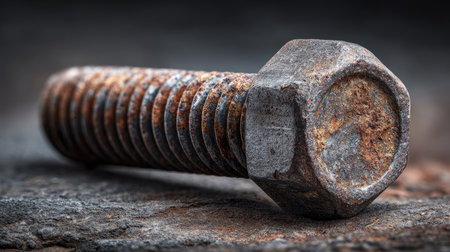 A close-up shot of a rusty metal bolt resting on a textured surface. The image captures the detailed corrosion, showcasing its industrial charm and character.の素材