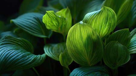 This captivating image features vibrant hosta leaves showcasing intricate veins and textures illuminated by soft natural light, creating a serene atmosphere.の素材