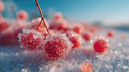 Stunning close-up of frosted red berries glistening with ice crystals under a clear blue sky, highlighting the beauty of nature in winter.の素材
