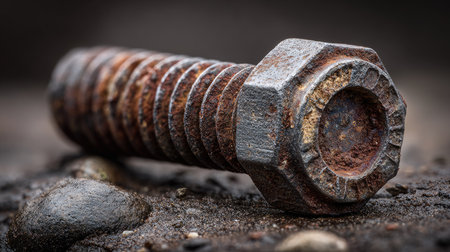 This image captures a rusty metal bolt lying on a textured surface, showcasing detailed corrosion and earthy tones. Perfect for industrial themes.の素材