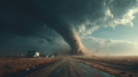 A striking scene of a tornado forming near a rural landscape, showcasing dark clouds swirling ominously above a deserted road and nearby houses.の素材