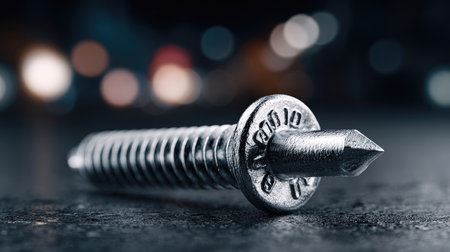Close-up of a metallic screw featuring a sharp point against a dark surface, showcasing intricate details and an abstract bokeh background, creating a striking industrial image.の素材