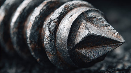 This image features a close-up view of a weathered metal drill bit, showcasing its textured surface and pointed design. Perfect for industrial themes.の素材