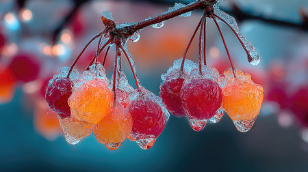 This stunning photograph showcases a branch adorned with ice-covered berries, displaying a vibrant palette of orange and red hues, encapsulating nature's beauty in winter.の素材