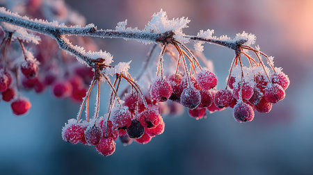 A close-up of frost-covered berries hanging on a branch captures the serene beauty of winter, highlighting delicate textures and vibrant colors.の素材