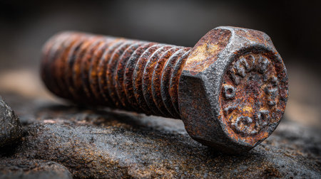 Close-up view of a rusty bolt resting on a weathered surface, showcasing the intricate texture and detail of decay in industrial elements.の素材
