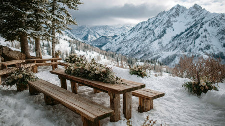 A beautiful winter wedding setup featuring wooden benches and floral arrangements surrounded by majestic snowy mountains. Enjoy a serene outdoor ceremony surrounded by nature.の素材