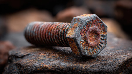 This close-up image features a rusty metal bolt resting on a rough surface, highlighting textures of decay and corrosion that tell a story of age and industrial history.の素材