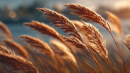Beautiful golden grass blades glimmer in the evening light, swaying gently in the breeze beside tranquil water, creating a serene outdoor atmosphere.の素材