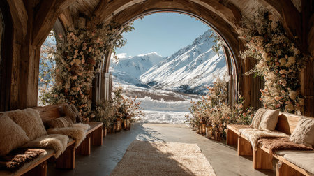This image captures a cozy winter wedding venue featuring stunning mountain views and beautiful floral decorations, offering a serene and romantic atmosphere.の素材