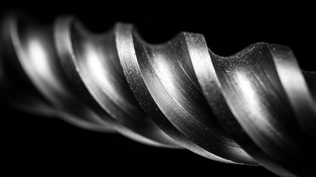 A striking macro image showcasing a metal drill bit with intricate spiral grooves set against a dark background, highlighting its craftsmanship and design.の素材