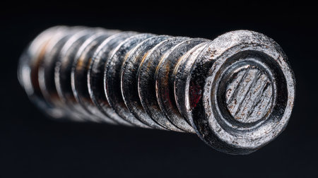 This close-up photograph showcases a metallic screw with intricate textures and reflections. The dramatic lighting enhances the details, perfect for industrial themes.の素材
