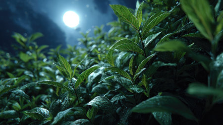 A captivating view of lush green leaves illuminated by moonlight, showcasing dewdrops and a serene nighttime atmosphere that embodies nature's beauty.の素材