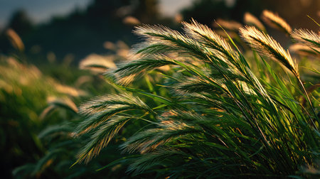 Captivating close-up of sunlit grasses swaying gently in the breeze, showcasing their golden hues and delicate textures in a tranquil outdoor setting.の素材