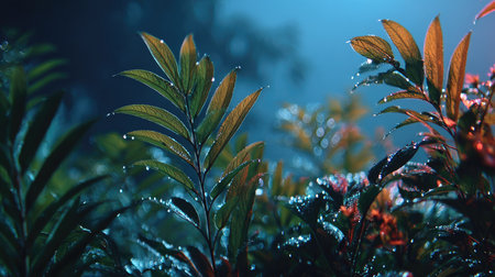 A captivating image of tropical foliage showcasing vibrant leaves adorned with raindrops, illuminated by a soft interplay of blue and orange light, evokes tranquility.の素材