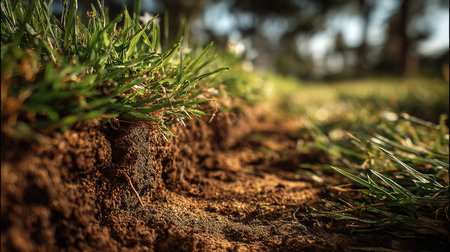 This close-up image showcases the soil layer beneath vibrant green grass, illuminated by sunlight in a serene outdoor setting. The textures and colors emphasize the beauty of nature and the importance of healthy soil for plant growth.の素材