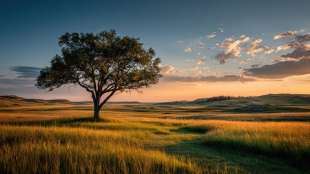 A peaceful scene featuring a large tree standing alone in a golden meadow at sunset. The tranquil landscape invites reflection and serenity, showcasing nature's beauty.の素材