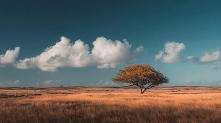 A stunning scene featuring a solitary tree standing gracefully in a vast grassy field under an expansive sky with fluffy clouds. This peaceful landscape captures the essence of tranquility and natural beauty, making it ideal for various creative projects.の素材