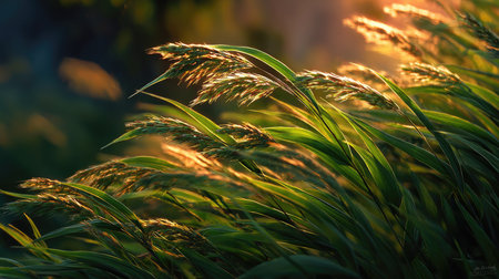 Beautiful green grass blades illuminated by warm golden hour light create a peaceful and serene atmosphere, showcasing nature's delicate beauty in outdoor settings.の素材