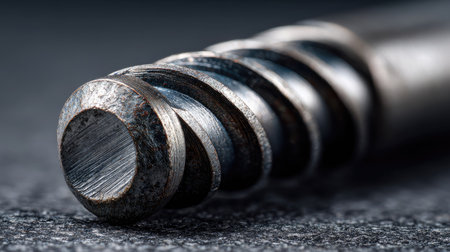 This close-up image captures the intricate details of a metal screw with spiral threads against a textured background, showcasing craftsmanship and precision in design.の素材