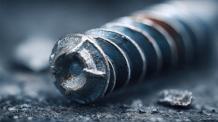 This close-up image showcases a metallic screw resting on a textured surface, emphasizing its design and industrial features for hardware-focused themes.の素材