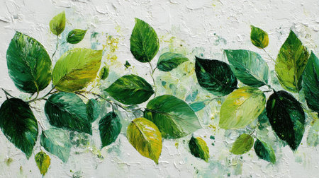 This striking artwork features an array of vibrant green leaves set against a textured background, showcasing a blend of organic forms and colors.の素材