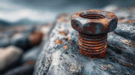 A close-up image of a rusty bolt resting on a textured rock surface showcases the interplay between industrial elements and the rugged beauty of nature.の素材