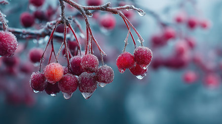 This captivating image showcases frosty red berries hanging from a branch, embellished with glistening ice crystals, embodying winter's serene beauty.の素材