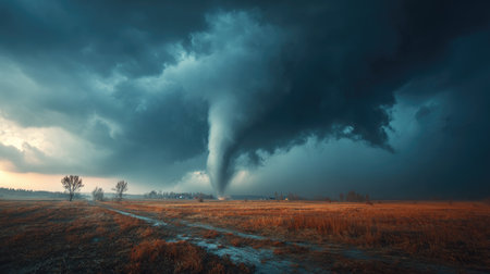 A striking image of a tornado forming over an open field, characterized by dark storm clouds and an eerie atmosphere. The landscape captures the raw power of nature.の素材