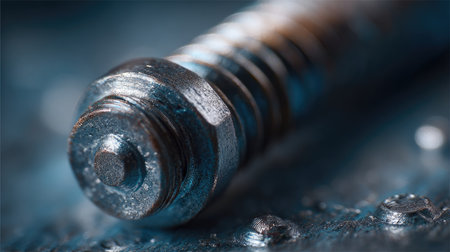 This close-up image features a rusty metal bolt set against a blue industrial background, showcasing intricate textures and reflective surfaces.の素材