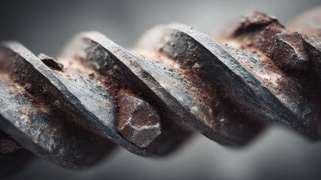 This detailed close-up showcases a rusty spiral metal screw, emphasizing its textured surface and corrosion, capturing industrial wear and aging beauty.の素材