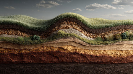 Explore a beautifully detailed representation of the Earth's layers showcasing various textures, colors, and natural elements in a serene landscape.の素材