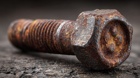 Close-up image of a rusty bolt showcasing detailed textures of corrosion and wear, representing the passage of time in industrial environments.の素材