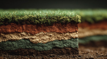 Close-up image displaying rich layers of soil with vibrant grass and moss, showcasing the intricate textures and colors found in nature's landscape.の素材