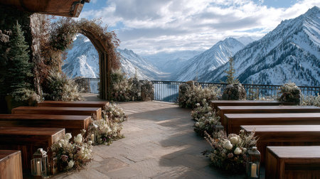 A breathtaking wedding venue set in snowy mountains featuring elegant floral arrangements, rustic seating, and a stunning natural backdrop ideal for memorable ceremonies.の素材