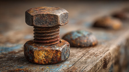 A detailed close-up image capturing a rusty metal bolt and nut resting on a weathered wooden surface, showcasing texture and intricate details.の素材