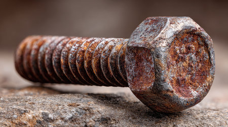 This detailed close-up captures a rusty metal bolt resting on a rough stone surface, showcasing the intricate textures and industrial decay.の素材