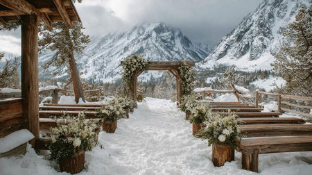 A stunning winter wedding setup featuring floral arrangements at a mountain venue. The snowy landscape creates a romantic atmosphere for the ceremony.の素材