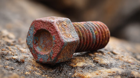This close-up image features a rusty metal bolt resting on a textured rock surface, showcasing vivid corrosion patterns and natural elements.の素材