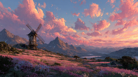 A picturesque scene showcasing a windmill amidst a vibrant flower field, set against majestic mountains under a stunning sunset sky filled with colorful clouds.の素材