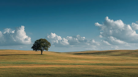 A stunning landscape featuring a solitary tree set against an expansive blue sky adorned with fluffy clouds. The serene scene evokes tranquility and natural beauty.の素材