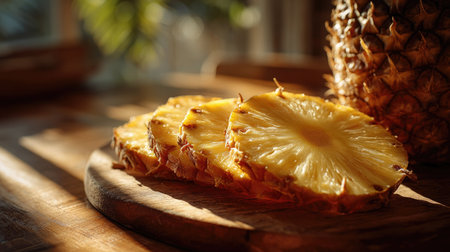 Fresh pineapple slices beautifully arranged on a wooden board, illuminated by soft natural light, creating a warm and inviting kitchen atmosphere.の素材