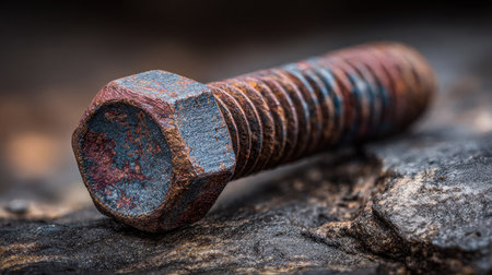 A close-up image of a rusty metal bolt resting on a weathered stone surface, showcasing the intricate details of corrosion and texture.の素材
