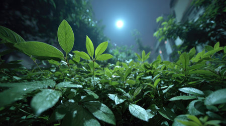 A serene nighttime garden scene featuring dewy green leaves illuminated softly by moonlight, creating a tranquil and peaceful atmosphere in nature.の素材