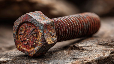 This image showcases a rusty bolt lying on a rugged surface, highlighting the intricate textures and warm hues that signify age and industrial craftsmanship.の素材