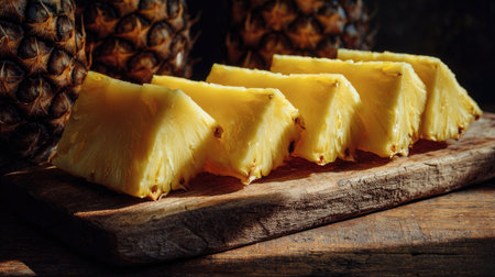 A beautiful arrangement of freshly cut pineapple slices displayed on a rustic wooden surface, with whole pineapples in the background. This image captures the vibrant colors and natural textures of tropical fruits, ideal for food-related projects.の素材
