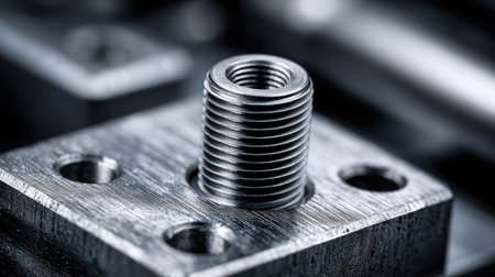 This image captures a detailed close-up of a metal threaded fastener on an industrial component, showcasing the precision and quality essential in engineering and manufacturing processes.の素材