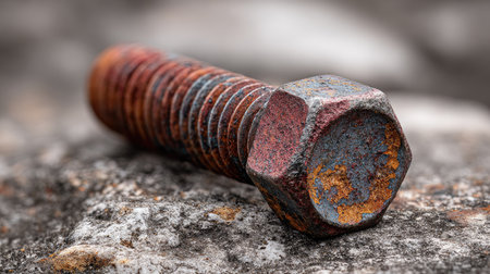 A close-up image of a rusty bolt resting on a stone surface highlights the intricate textures and weathered appearance of aged metal.の素材