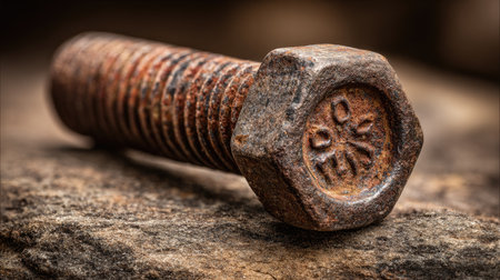 A close-up image of a rusty metal bolt resting on a rough stone surface, showcasing intricate details of corrosion and texture, ideal for industrial themes.の素材