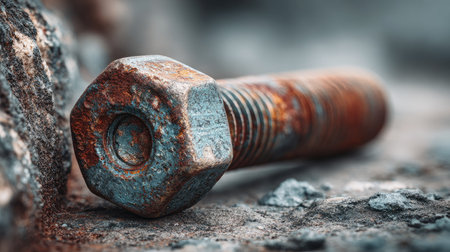 A detailed close-up of a rusty bolt resting on a weathered surface emphasizes the beauty of corrosion. The image captures industrial aesthetics and textures.の素材